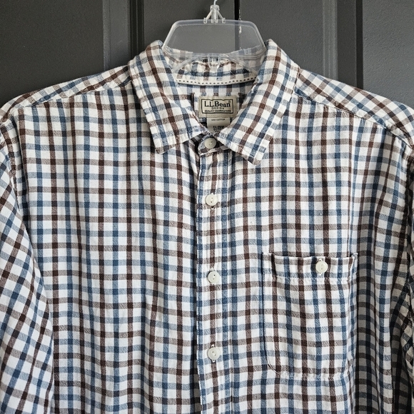 LL Bean Button Up Shirt Adult XL Brown Blue Plaid Flannel Long Sleeve Mens - Picture 4 of 9